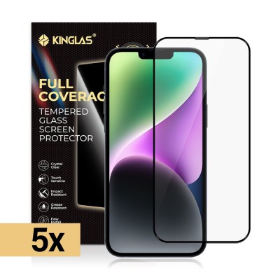 Kinglas 5 Packs Full Screen Black Edge Tempered Glass Screen Protector For iPhone 15 Plus / 16 Plus