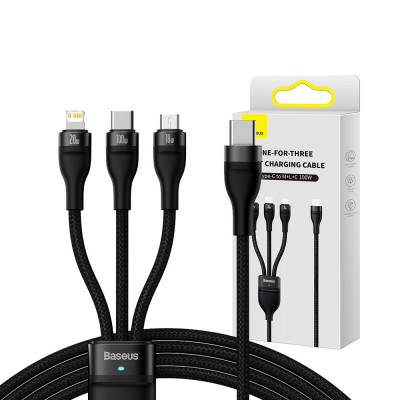 Baseus Flash Series 2 One Drag Three Quick Charging Wire Type-C to M+L+C 100W 1.5M-Black Compatible for iPhone 15 16 Series