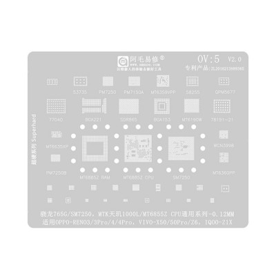 AMAOE BGA Reballing Stencil With CPU Position OV5 for OPPO Reno3 / 3 Pro / 4 / 4 Pro / VIVO X50 / X50 Pro / Z6 IQ00-Z1X