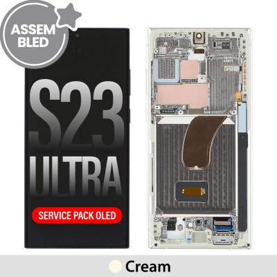 ASSEMBLED OLED Screen Replacement with Frame for Samsung Galaxy S23 Ultra 5G S918B -Cream (SERVICE PACK SCREEN BUT REFURBISH FRAME ASSEMBLED BY CRAZY)
