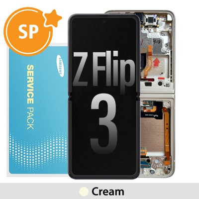 Samsung Galaxy Z Flip 3 5G Screen with Frame Digitizer Without Battery No Camera GH82-27243B (Service Pack)-Cream (Blackout issue fix: https://youtu.be/CEnwc6FKJLk)