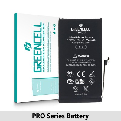Greencell PRO series-iPhone 15 Replacement Battery with Adhesive Strips 3349mAh (TI chip -27546-A3 IC & Original Cell)