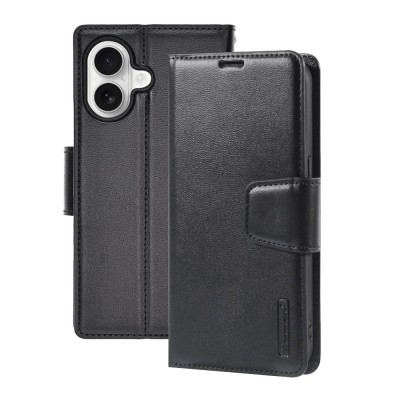 Hanman PU Flip Leather Wallet Cover Case for iPhone 16 Plus-Black