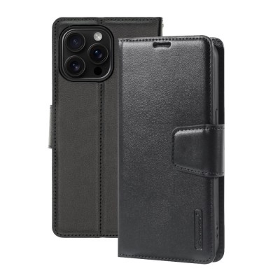 Hanman PU Flip Leather Wallet Cover Case for iPhone 16 Pro-Black