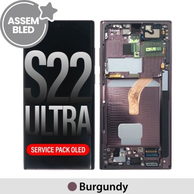 ASSEMBLED OLED Screen Replacement with Frame for Samsung Galaxy S22 Ultra 5G S908B-Burgundy (SERVICE PACK SCREEN BUT REFURBISH FRAME ASSEMBLED BY CRAZY)