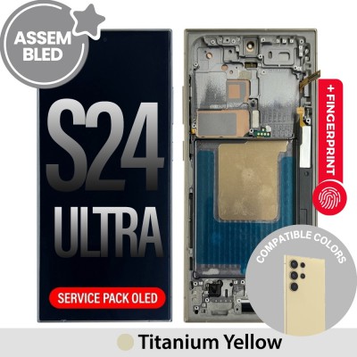 ASSEMBLED OLED Screen Replacement with Frame for Samsung Galaxy S24 Ultra S928B -Titanium Yellow (SERVICE PACK SCREEN BUT REFURBISH FRAME ASSEMBLED BY CRAZY)