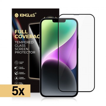 Kinglas 5 Packs Full Screen Black Edge Tempered Glass Screen Protector For iPhone 15 Plus / 16 Plus