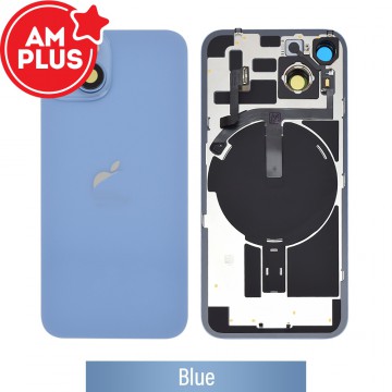 AMPLUS Rear Cover Glass with Camera Lens Glass and Wireless NFC Charging with Flash Flex Cable for iPhone 14-Blue