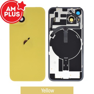 AMPLUS Rear Cover Glass with Camera Lens Glass and Wireless NFC Charging with Flash Flex Cable for iPhone 14-Yellow