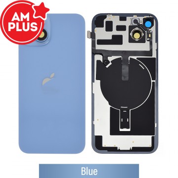 AMPLUS Rear Cover Glass with Camera Lens Glass and Wireless NFC Charging with Flash Flex Cable for iPhone 14 Plus-Blue