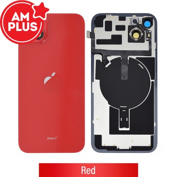 AMPLUS Rear Cover Glass with Camera Lens Glass and Wireless NFC Charging with Flash Flex Cable for iPhone 14 Plus-Red