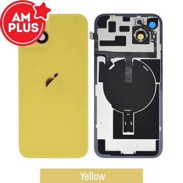 AMPLUS Rear Cover Glass with Camera Lens Glass and Wireless NFC Charging with Flash Flex Cable for iPhone 14 Plus-Yellow