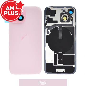 AMPLUS Rear Cover Glass with Camera Lens Glass and Wireless NFC Charging with Flash Flex Cable for iPhone 15-Pink