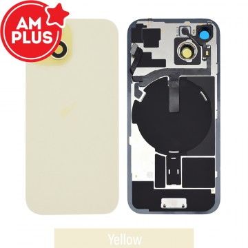 AMPLUS Rear Cover Glass with Camera Lens Glass and Wireless NFC Charging with Flash Flex Cable for iPhone 15-Yellow