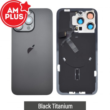 AMPLUS Rear Cover Glass with Camera Lens Glass and Wireless NFC Charging with Flash Flex Cable for iPhone 15 Pro Max-Black Titanium
