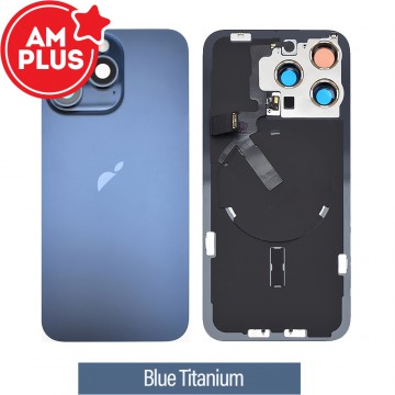 AMPLUS Rear Cover Glass with Camera Lens Glass and Wireless NFC Charging with Flash Flex Cable for iPhone 15 Pro Max-Blue Titanium