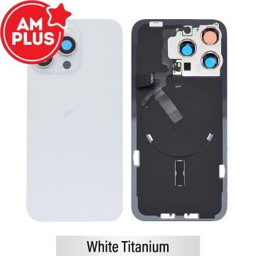 AMPLUS Rear Cover Glass with Camera Lens Glass and Wireless NFC Charging with Flash Flex Cable for iPhone 15 Pro Max-White Titanium