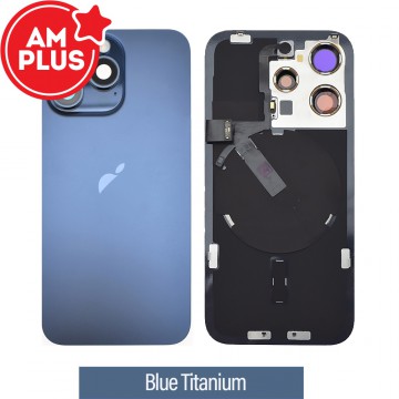 AMPLUS Rear Cover Glass with Camera Lens Glass and Wireless NFC Charging with Flash Flex Cable for iPhone 15 Pro- Blue Titanium