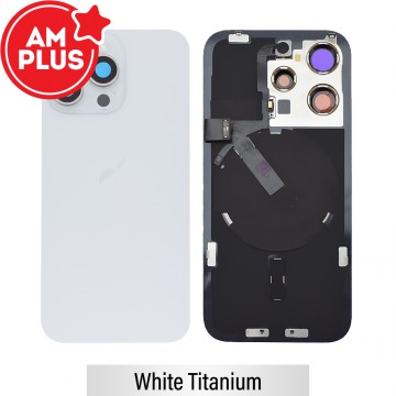 AMPLUS Rear Cover Glass with Camera Lens Glass and Wireless NFC Charging with Flash Flex Cable for iPhone 15 Pro- White Titanium