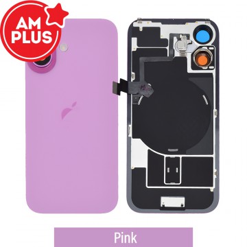 AMPLUS Rear Cover Glass with Camera Lens Glass and Wireless NFC Charging with Flash Flex Cable for iPhone 16-Pink