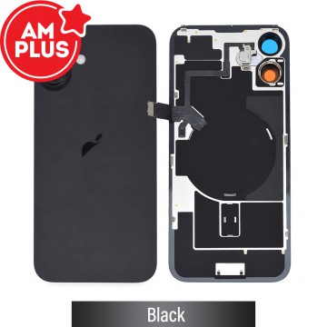 AMPLUS Rear Cover Glass with Camera Lens Glass and Wireless NFC Charging with Flash Flex Cable for iPhone 16 Plus-Black