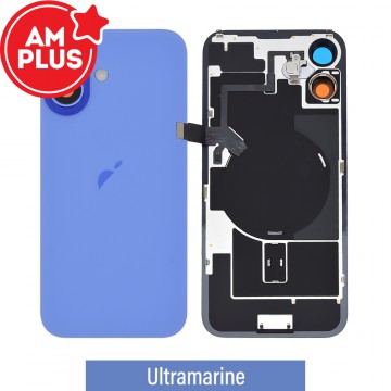 AMPLUS Rear Cover Glass with Camera Lens Glass and Wireless NFC Charging with Flash Flex Cable for iPhone 16 Plus-Ultramarine