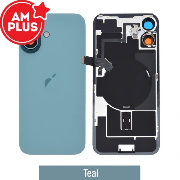 AMPLUS Rear Cover Glass with Camera Lens Glass and Wireless NFC Charging with Flash Flex Cable for iPhone 16 Plus-Teal