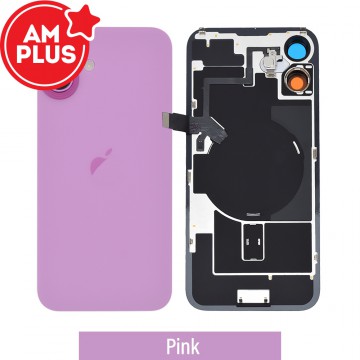 AMPLUS Rear Cover Glass with Camera Lens Glass and Wireless NFC Charging with Flash Flex Cable for iPhone 16 Plus-Pink