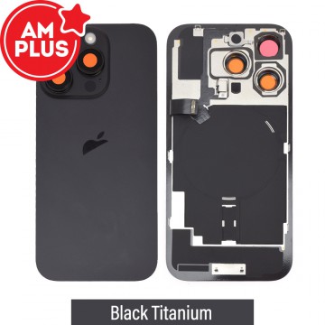 AMPLUS Rear Cover Glass with Camera Lens Glass and Wireless NFC Charging with Flash Flex Cable for iPhone 16 Pro-Black Titanium