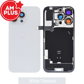 AMPLUS Rear Cover Glass with Camera Lens Glass and Wireless NFC Charging with Flash Flex Cable for iPhone 16 Pro-White Titanium