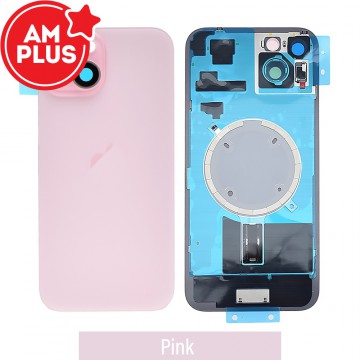 AMPLUS Rear Cover Glass with Camera Lens Glass and Magsafe Magnet for iPhone 15 Plus-Pink