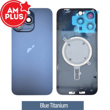 AMPLUS Rear Cover Glass with Camera Lens Glass and Magsafe Magnet for iPhone 15 Pro Max-Blue Titanium