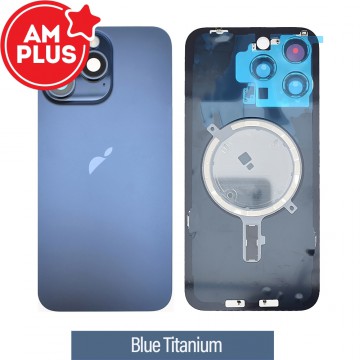 AMPLUS Rear Cover Glass with Camera Lens Glass and Magsafe Magnet for iPhone 15 Pro Max-Blue Titanium