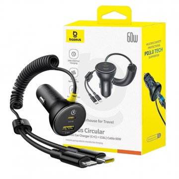Baseus Circular Plastic Car Charger (C+C) + (C&L) Cable 60W-Cosmic Black