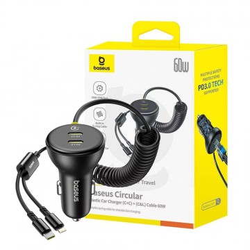 Baseus Circular Plastic Car Charger (C+C) + (C&L) Cable 60W-Cosmic Black