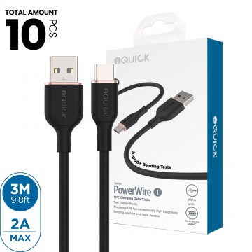 iQuick PowerWire 1 Series TPE Charging Data Cable USB to Type-C 3m (Support Huawei 66W Super Charge) (10PCS)