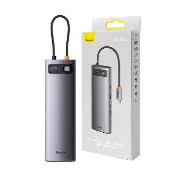 Baseus Metal Gleam Series 12-in-1 Multifunctional Type-C HUB Docking Station (Type-C to HDMI*1+USB3.1*2+USB3.0*2+Type-C3.1*1+PD*1+RJ45*1+SD/TF*1+DP*1+3.5mm*1)-Gray